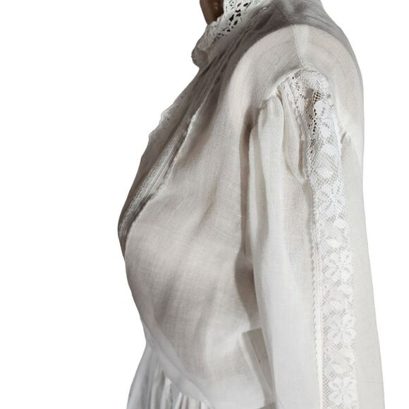 Gunne Sax White Lace 1970s White Prairie Wedding Lace Collar Satin Trim Dress - Picture 7 of 12
